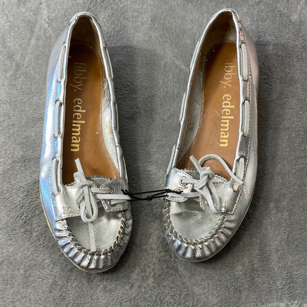 Libby Edelman Boat Loafers Womens 7.5 Silver Metallic Moc Toe Lace Up Low Wedge